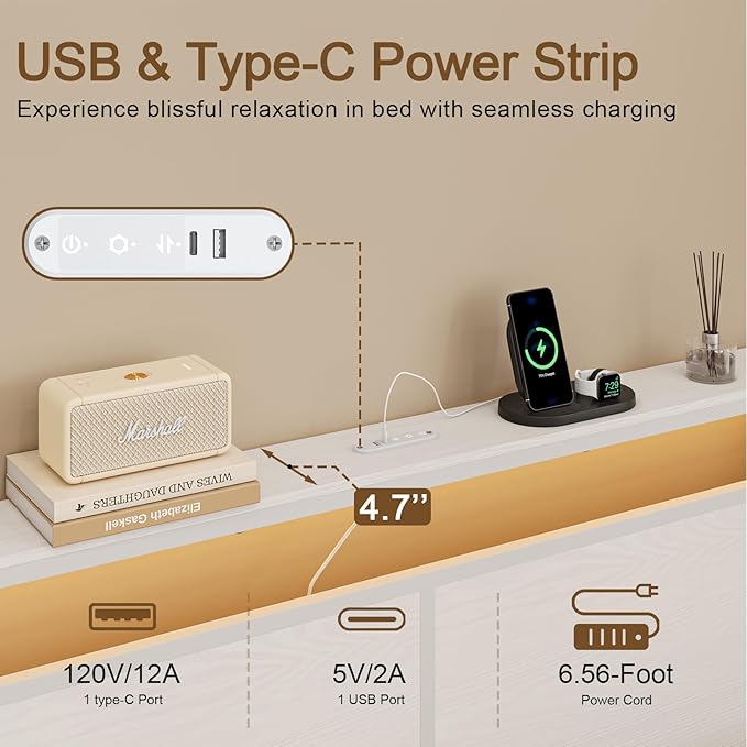 King Bed Frame with 4 Storage Drawers Bed Frame King Size with Headboard LED Lights Charging Station Metal Slats Platform Heavy-Duty Support No Box Spring Needed White