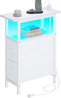 End Table with Charging Station, Narrow Side Table with 2 Fabric Drawers, Skinny Nightstand with LED Light, Slim Bedside Table for Bedroom, Living Room, Small Spaces, White