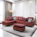LeatherL Shaped Couch with Ottoman, Modern Nail-Head Design Comfy Sectional Sofa with Cup Holder & Chaise for Living Room, Bedroom, Office, Red