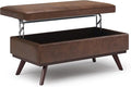 SIMPLIHOME Owen 42 inch Wide Mid Century Modern Rectangle Lift Top Large Coffee Table Storage Ottoman in Distressed Chestnut Brown Vegan Faux Leather, Assembled, For the Living Room