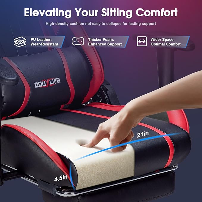 Massage Gaming Chair 7-Point, Office Chair with Footrest and Lumbar Support, Adjustable Seat Height Ergonomic, 175° Reclining Max, Red