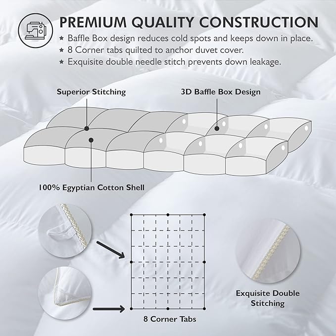 Luxurious White Solid Heavy Weight, Oversize California King Size Goose Feathers Down Comforter for Winter Weather, 108 X 98 inches, Premium Baffle Box, 100% Egyptian Cotton Cover, 90 oz. Fill Weight