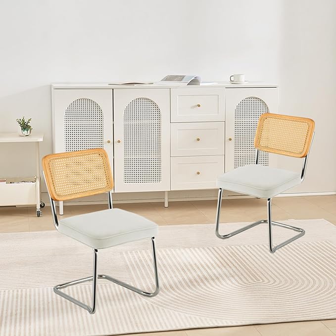 VEVOR Rattan Chairs Set of 2, Mid Century Modern Dining Chair, Upholstered Velvet Accent Chair with Rattan Back, Retro Kitchen Chair for Living Room, Bedroom (18.1 Inch)