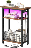 HOOBRO Narrow Side Table with Charging Station and LED Light, Small End Table with Storage, Skinny Nightstand with USB Port, Slim Bedside Table for Small Spaces, Living Room, Rustic Brown BF242UDBZ01