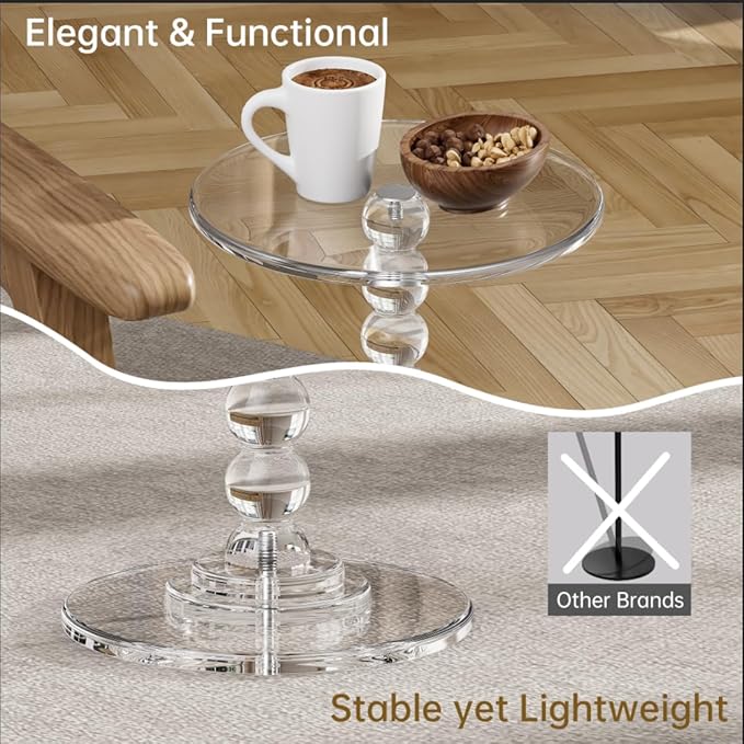 Acrylic Side Table, End Table Round Top with Solid Post for Living Room, Bedroom, Balcony, Easy Assembly (Clear) (Pedestal, Clear)