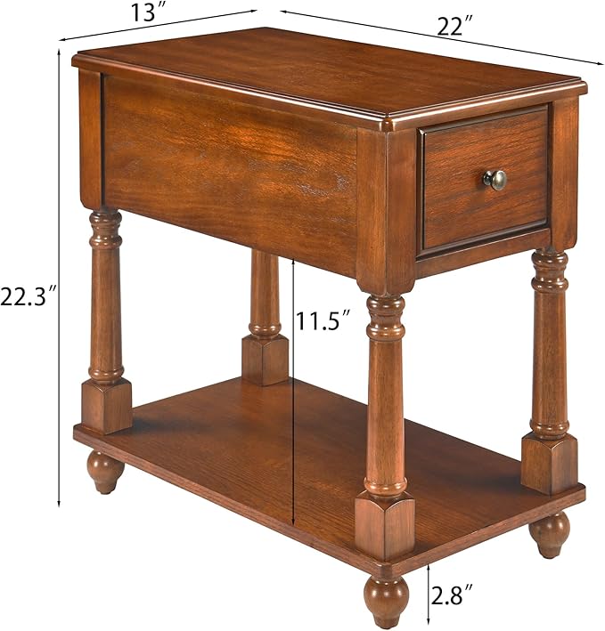 LEEMTORIG Set of 2 Solid Wood End Table Narrow Side Table with Drawer, Cherry Wood End Table Living Room, 13" W Slim Bedside Table, 22" D x 22.3" H, No-Tools Assembly, Beeswax Brown BBJ-004-DR