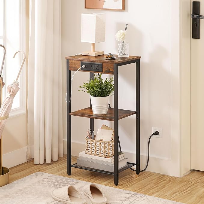 HOOBRO Tall End Table with Charging Station, 30 Inch Tall Nightstand, 3-Tier Side Table with Storage Shelves, for Living Room, Bedroom, Hallway, Rustic Brown BF09UDH01G1