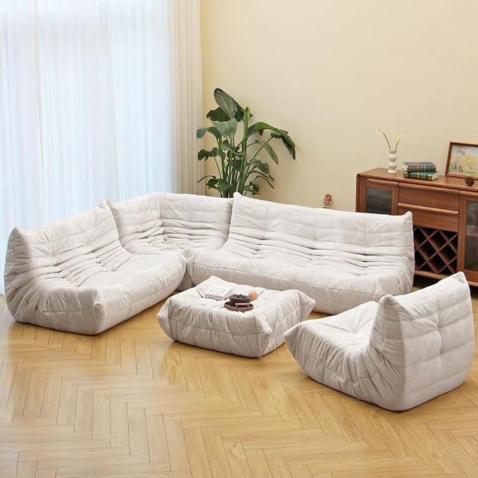 N&V Soft Premium Chenille Floor Lounge Chair, Mid Century Armless Floor Sofa, Foam Sofa Accent Chair for Living Room Bedroom and Office (White, Corner Chair)