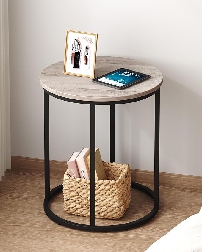 Yusong Round End Table, 20" Accent Small Side Table Nightstand Modern Bedside Table for Living Room Bedroom Office Small Spaces, Grey