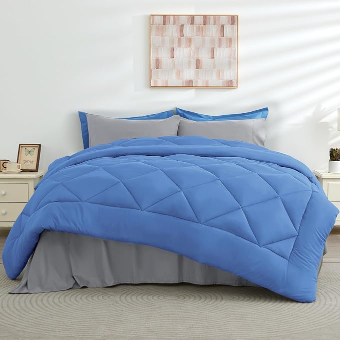 HEVUMYI Royal Blue & Light Grey Twin-XL Comforter Set - 5-Piece All Season Bed in a Bag Twin-XL, Ultra Soft Bedding Set with Comforter, Flat Sheet, Fitted Sheet, Pillowcases, Pillow Shams, Royal Blue
