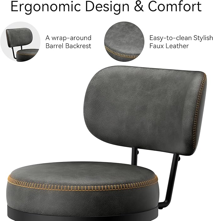 Counter Height Bar Stools, 26" H Swivel Barstools Set of 8, Faux Leather Kitchen Counter Stools with Back and Stylish Stitching, Metal Frame, Pub, Home Bar, Black Grey