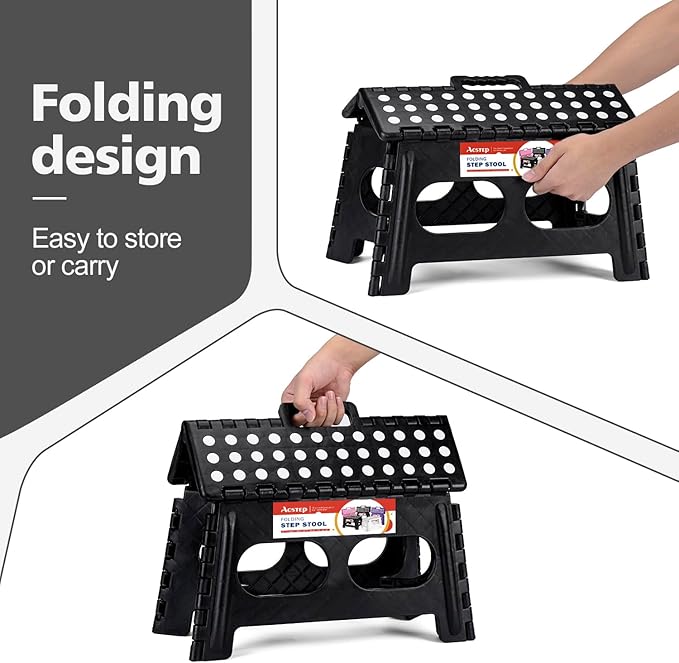 ACSTEP Foldable Step Stool for Kids and Adults,15-Inch Extra Wide 9-Inch Height Step Stool(2 Pack) More Safe and Comfortable Holds Up to 300 lbs Folding Step Stool for Bathroom, Garden, Kitchen（Black）