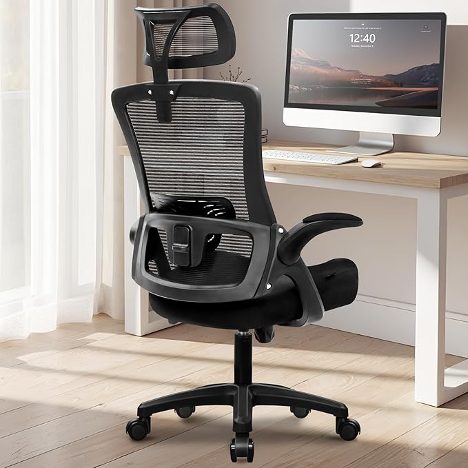 NEO CHAIR Ergonomic Adjustable Home Office Desk Chair High Back Computer Gaming Mesh Chair with Comfy Task Adjustable Arms Lumbar Neck Support Swivel for Home Office (Dark Black)