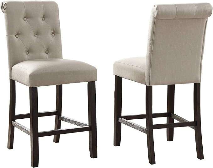 Roundhill Furniture Hendley Solid Wood Tufted Counter Height Stools, Set of 2, Tan