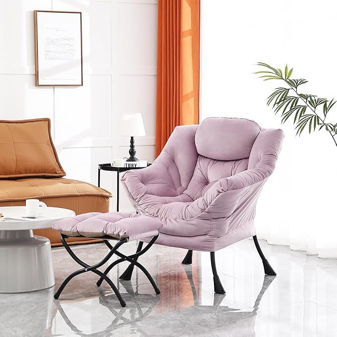 Lazy Chair and Ottoman, Large Accent Lounge Chair with Armrests and a Side Pocket, Modern Leisure Upholstered Sofa Reading Armchair with Footrest for Bedroom, Living Room, Dorm Rooms, Office