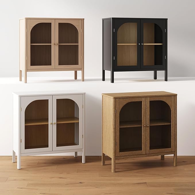 Nathan James Mason Wood Storage Cabinet Accent Sideboard Buffet Credenza TV Stand with Glass Doors and Adjustable Shelf for Dining Room, Entryway or Living Room, Clear Glass/White/Light Oak, Set of 3
