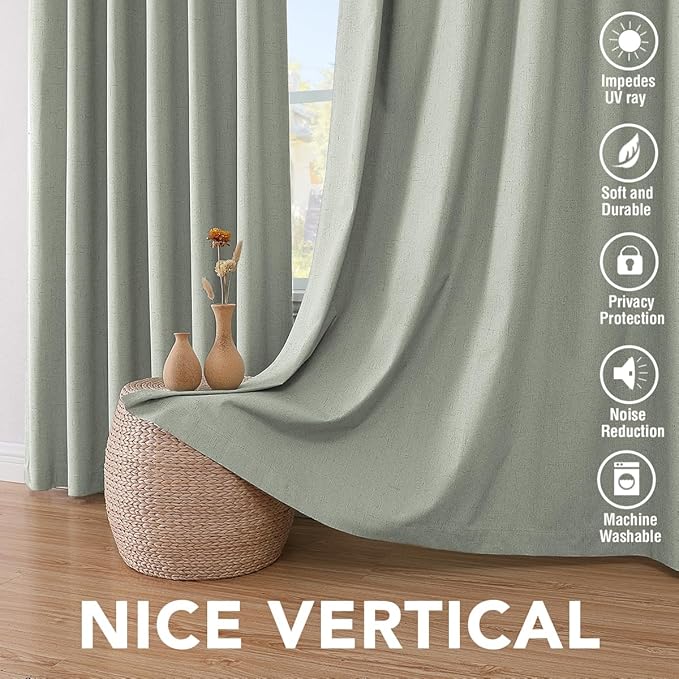 H.VERSAILTEX Linen Blackout Curtains 108 Inches Long 100% Absolutely Blackout Thermal Insulated Textured Linen Look Curtain Draperies Anti-Rust Grommet, Energy Saving with White Liner, 2 Panels, Sage
