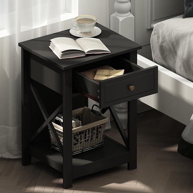 Treocho Black End Table Set of 2, Modern X-Design Night Stand,Bedside End Table with Open Storage for Small Place,Bedroom