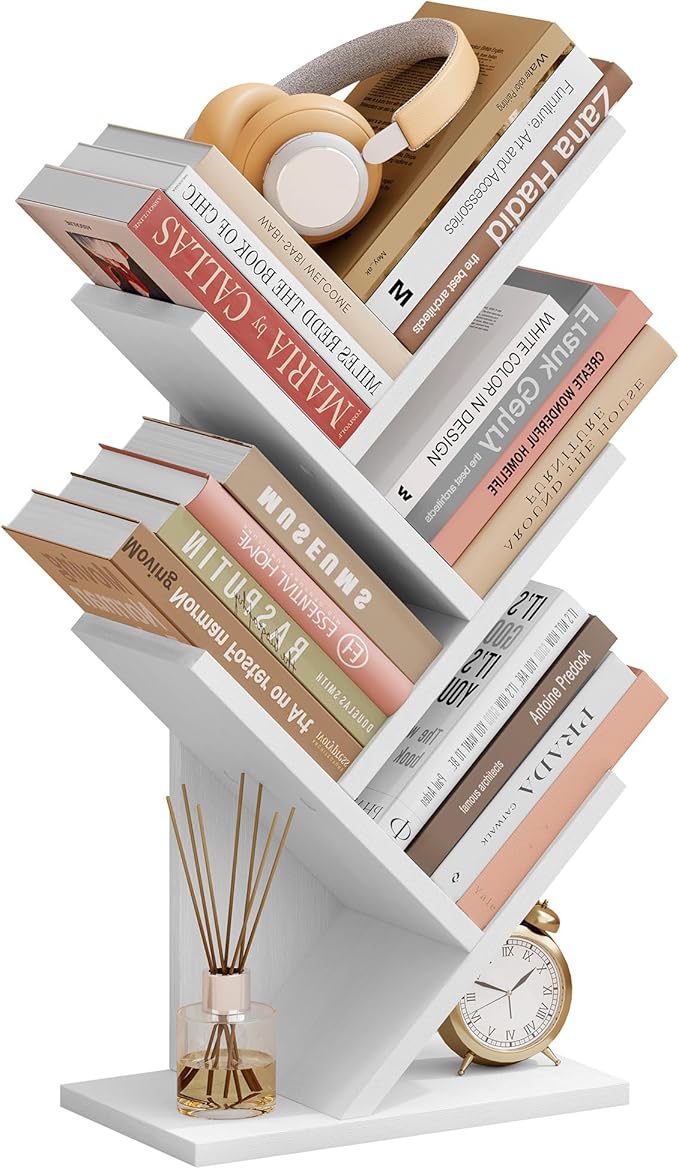 Hoctieon 4 Tier Tree Bookshelf, 4 Shelf Bookcase, Free Standing Tree Bookcase, Display Floor Standing Shelf for Books, Book Organizer Shelves for Home Office, Living Room, Bedroom, White