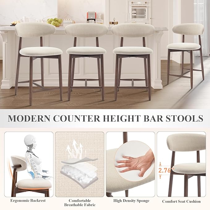 COLAMY Counter Height Bar Stools Set of 2, Kitchen Bar Stools with Back, Mid Century Modern Upholstered, with Wood Legs for Kitchen Island Dining Room, Beige