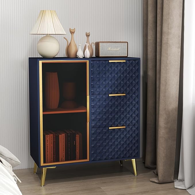 Rovibek Modern Sideboard Cabinet with Storage, Small Kitchen Buffet Cabinet with Glass Door & 3 Drawers, 31" Accent Sideboard Buffet for Kitchen, Living Room, Blue