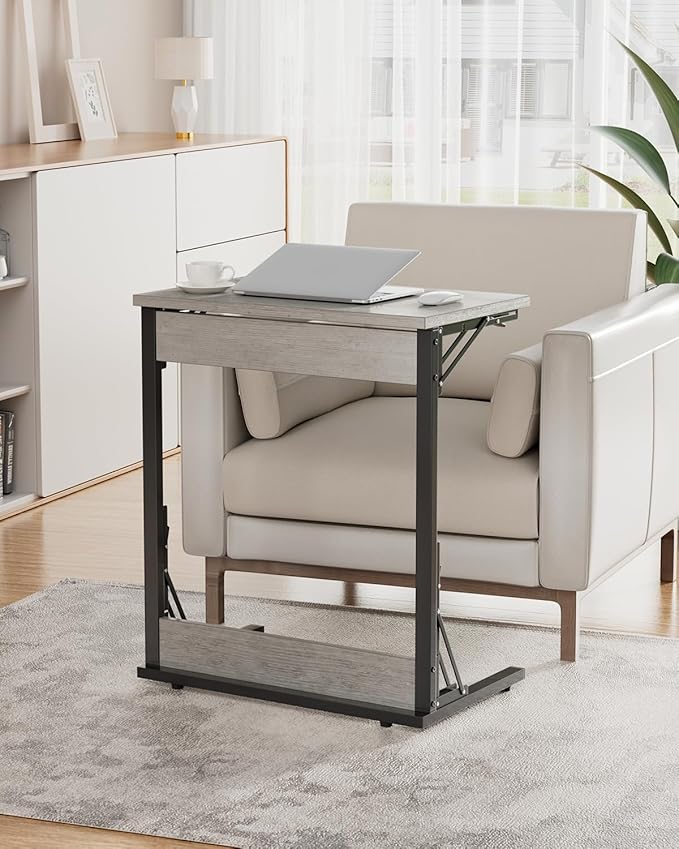 Tatub 24" Wide Folding C-Shaped End Table, Small Side Desk for Couch, Sofa TV Tray Table with Metal Frame for Living Room, Bedroom, Ivory White