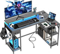 47" L Shaped Computer Desk with Power Outlet & LED Light, Gaming Desk with Hook & Monitor Stand, Reversible L Shaped Desk with Drawer and Storage Shelves for Home Office