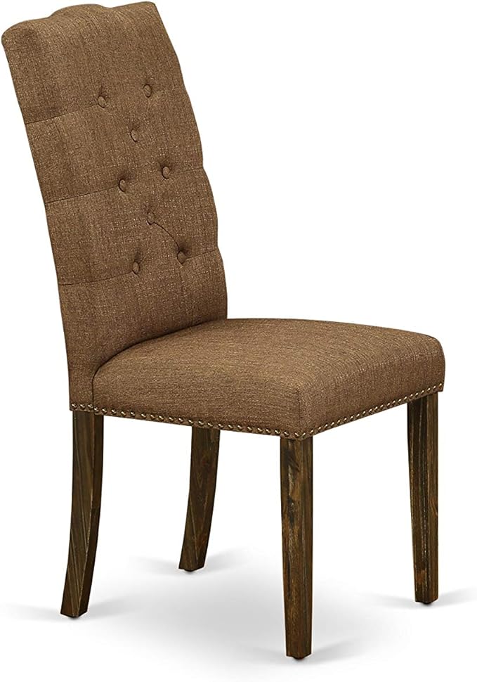 East West Furniture F2EL5-718 5 Piece Kitchen Table & Chairs Set Includes a Round Dining Table with Pedestal and 4 Brown Linen Linen Fabric Parson Chairs, 48x48 Inch, Distressed Jacobean