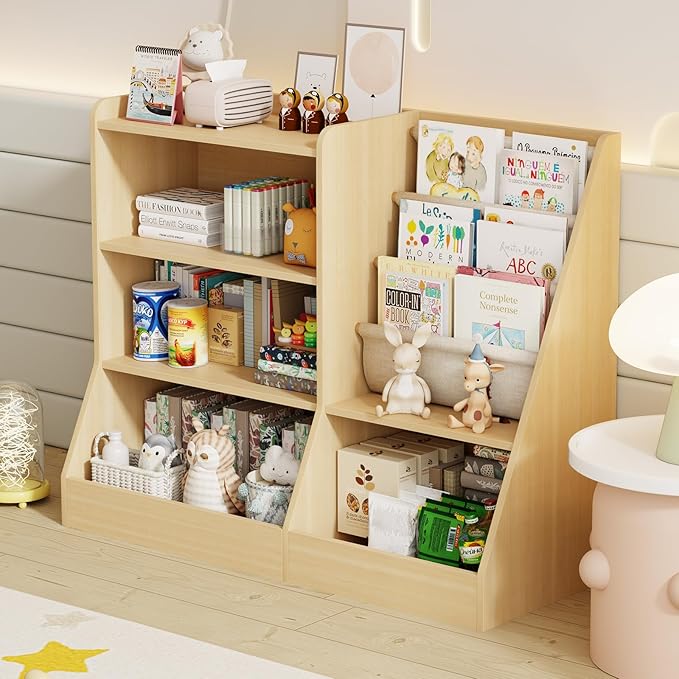 39" Large Kids Wooden Bookshelf and Toy Storage Organizer, Baby Bookcase with Sling Book Rack, Children Toddler Wooden Book Shelf for kids rooms, Playroom, Classroom, Nursery, School (Natural)
