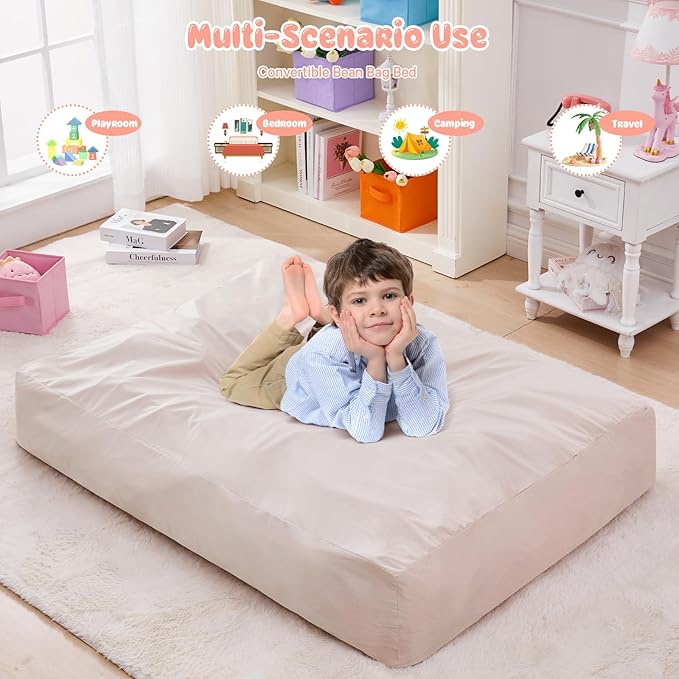 Kids Bean Bag Chair Bed - Convertible Lazy Chair to Floor Mattress with Filler - Small Beanbag Chair for Boys and Girls - Floor Couch Sofa in Bedroom, Classroom, Reading Nook - Pink