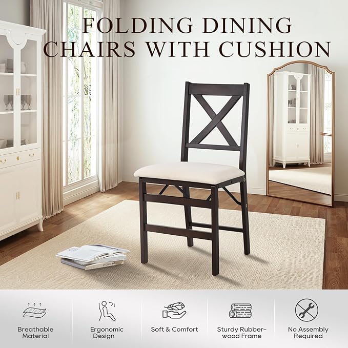COLAMY Folding Dining Chairs Set of 2 – Beige Upholstered Wooden Dining Room Chairs for Kitchen & Small Spaces, Mid Century Modern Design, Space-Saving, No Assembly Required