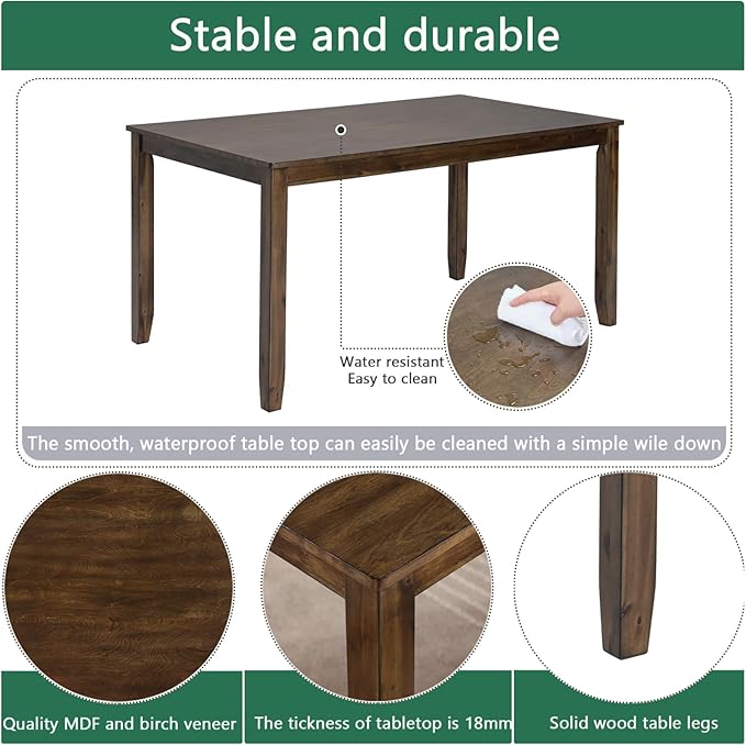 Dining Table Set, Wooden Kitchen Table Set with Rectangular Table, 4 Flat X Backrest Upholstered Chairs & a Bench, Table and Chairs with Non-Slip Feetmats for 6 People, Living Room, Walnut