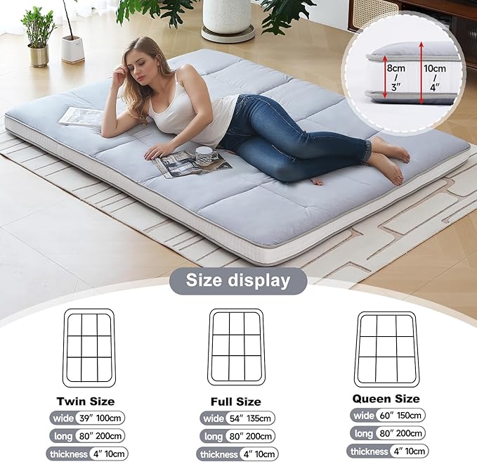 Tiita Memory Foam Mattress Topper Twin Size, 4" Thicken Futon Mattress with Storage Bag and 2 Straps, Portable Roll Up Travel Car Camping Mattress Floor Sleeping Pad, Grey