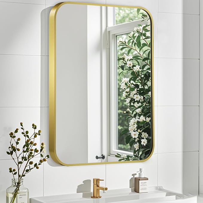 Matte Gold Mirror, 40x30 Inch Brushed Gold Mirror, Aluminum Alloy Framed Vanity Mirror, Rounded Rectangle Bathroom Mirror for Over Sink, Anti-Rust Wall Mirror (Horizontally or Vertically)