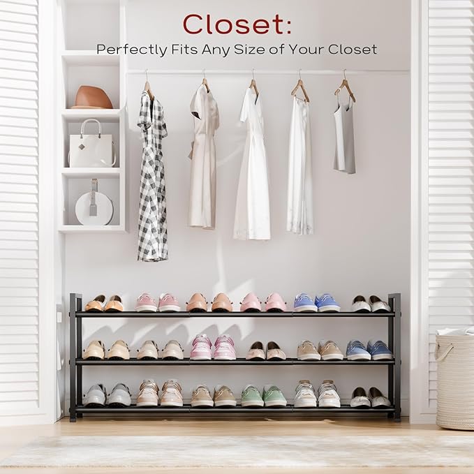 Bumusty 3-Tier Long Expandable Shoe Rack for Closet, 18"-44" Adjustable Shoe Rack for Entryway, 15-18 Pairs Large Shoe Organizer Shelf Storage, Sturdy Metal, Black