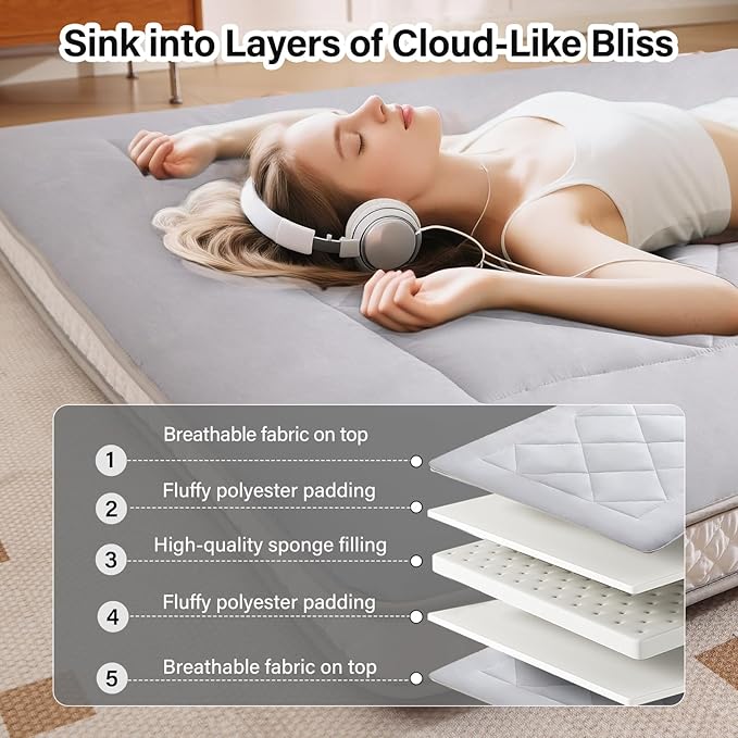 Welnow Japanese Futon Floor Mattress, Thick Twin Size Tatami Mat Portable & Foldable Roll Up Floor Bed Mattress with Storage Bag, Sleeping Pad for Adults, Dorm, Guest Bed, Camping and Travel, Grey