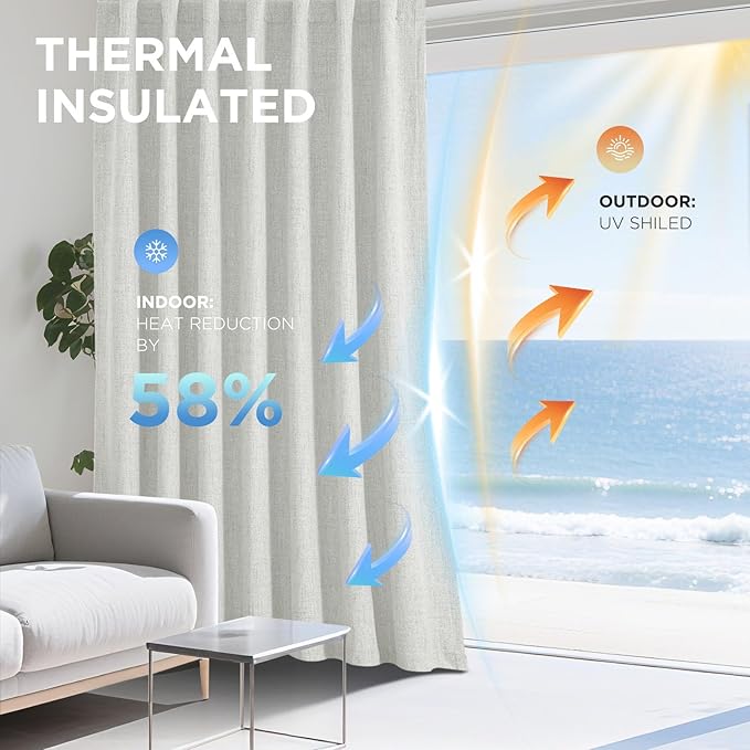 Joydeco 100% Blackout Curtains for Bedroom - Natural Linen Curtains 52" W x 120" L, Thermal Insulated 2 Panels White Light Blocking Drapes, Rod Pocket & Back Tabs, Darkening Privacy for Living Room