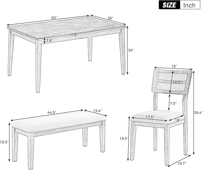 6 Pieces Dining Table Set with 60" Rectangle Kitchen Desk,Wooden Living Room Furniture W/ 4 Upholstered Chairs & 1 Bench,for Restaurant,Home Bistro,Natural Wood Wash