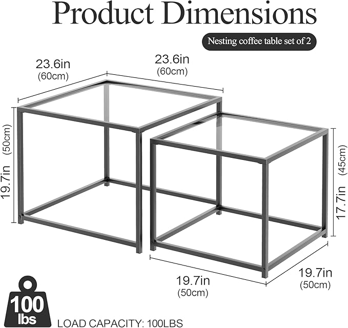 Garden 4 you Coffee Table Set of 2, Modern Glass Nesting Table, Metal Frame Square Center Table Set, Side Tables, Nesting Coffee Table for Living Room, Bedroom and Small Spaces, 23.6in Black