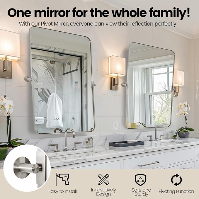 MOON MIRROR Brushed Nickel Pivot Mirror for Bathroom, Tilt Rounded Rectangle for Vanity, Overall 28.33 x 32 in (Mirror 24x 32 in)