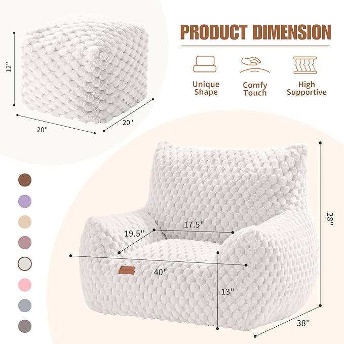 Bean Bag Chair with Ottoman, Modern Giant Bean Bag Couch Sofa with Footstool, Lounge Large Bean Bag Chairs for Adults Teens, Comfy Faux Fur Reading Chair for Bedroom, Living Room