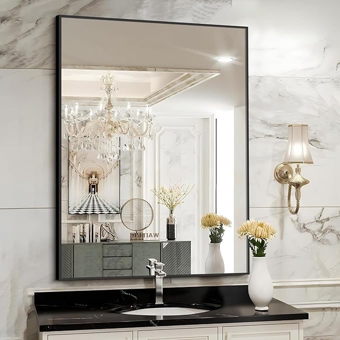 Black Bathroom Mirror for Wall, 30x48 Inch Rectangle Mirrors with Metal Frame, Modern Vanity Wall Mirror Decor for Bathroom Living Room, Entryway Hangs Horizontal or Vertical