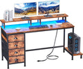 Furologee 55 Inch Computer Desk Gaming with 4 Fabric Drawers with Power Outlets and LED Lights for Home Office with Full Monitor Stand and Shelf Study Table for Small Spaces Rustic Brown