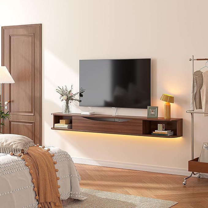 Floating TV Stand,94'' Wall Mounted TV Cabinet,Floating TV Console,Under TV Shelf with 1 Door and 2 Cabinets for TVs up to 90''(Walnut)
