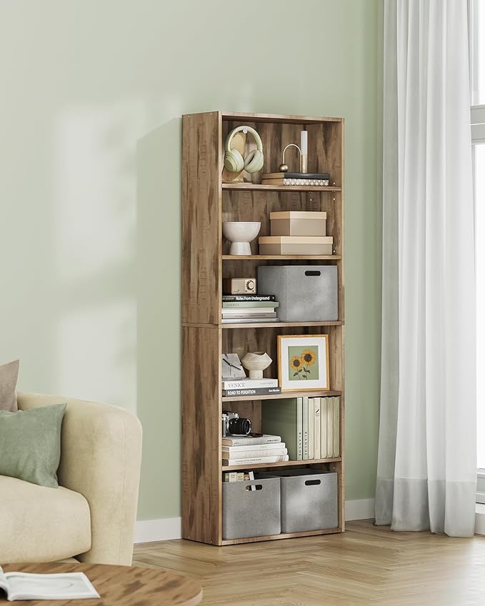 VASAGLE Custos Collection - Bookshelf, 6-Tier Bookcase, Book Shelf, Open Storage Shelf, 9.4 x 23.6 x 63.3 Inches, for Living Room, Home Office, Dinning Room, Camel Brown ULBC166T50