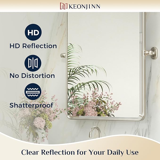 Keonjinn 24x30 in Brushed Pivot Mirror, Tilt Beveled Mirror Bathroom, Rectangular Sturdy Modern Silver Tilt Mirrors, Rounded Corner Aluminum Framed Vanity Mirrors for Wall (Horizontal/Vertical)