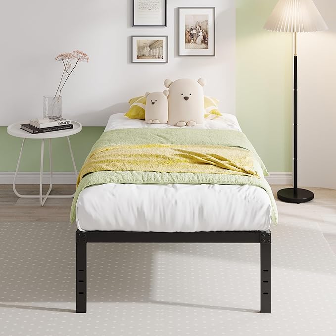 EMODA 18 Inch Twin Bed Frame No Box Spring Needed, Heavy Duty Tall Metal Twin Platform Bed Frames with Large Storage Space, Noise Free, Easy Assembly, Black