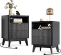 Fluted Nightstand Set of 2 with Charging Station, 19.7 inch Wide End Table with 2 Drawers, Modern Wood Bedside Table for Bedroom, Black
