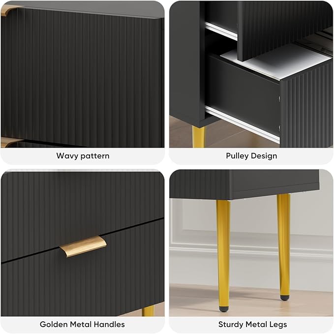 Night Stand, Black and Gold Nightstand with Fluted Panel, Bedside Table with 2 Drawer, Large Mid Century Modern Nightstand with Gold Leg, End Tables for Bedroom