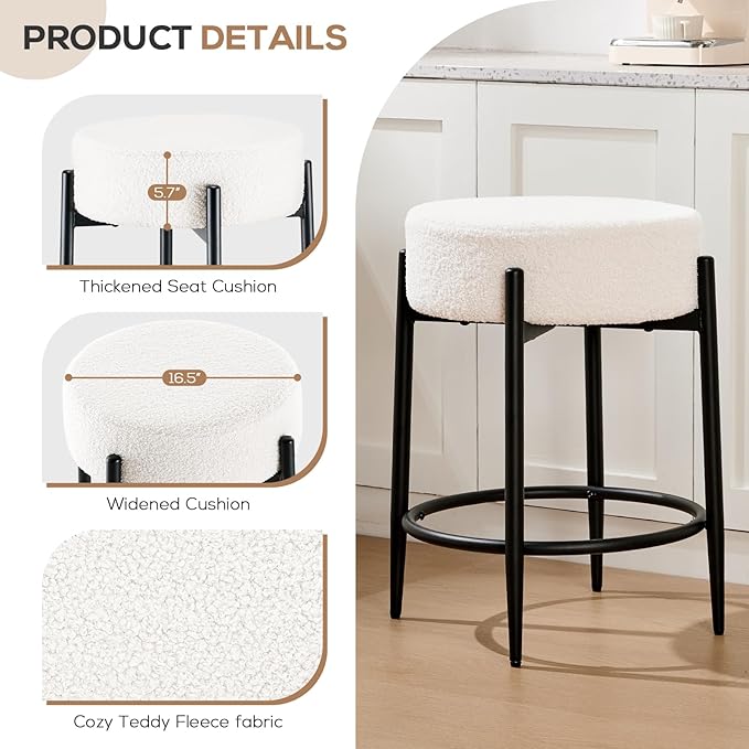 Dining Chairs Set of 2, 23.6" Backless Kitchen Living Room Chair，Mid Century Modern Chairs with Round Soft White Boucle Padded & Solid Metal Legs